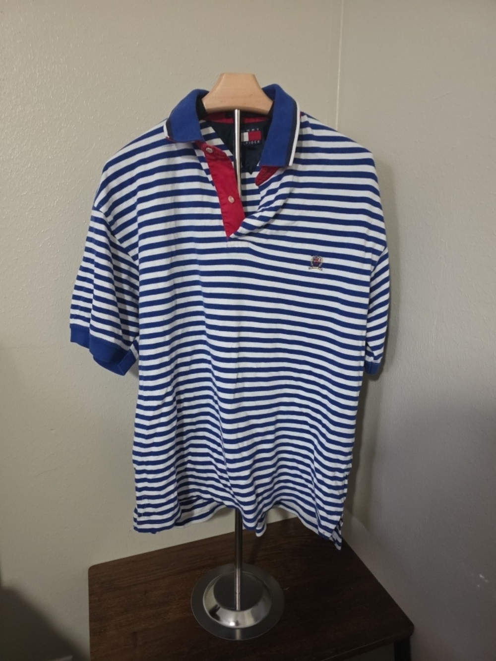 Tommy Hilfiger Striped Polo Shirt in Blue and White with Red Size Large
